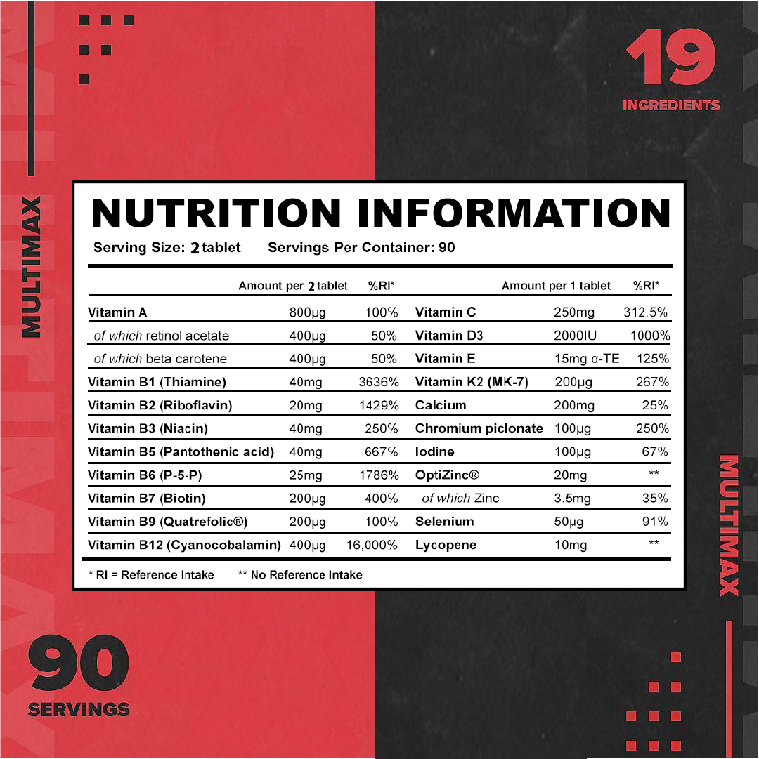 Multimax - Nutrition information label for a multivitamin supplement with red and black design elements | Strom Sports Supplements NZ