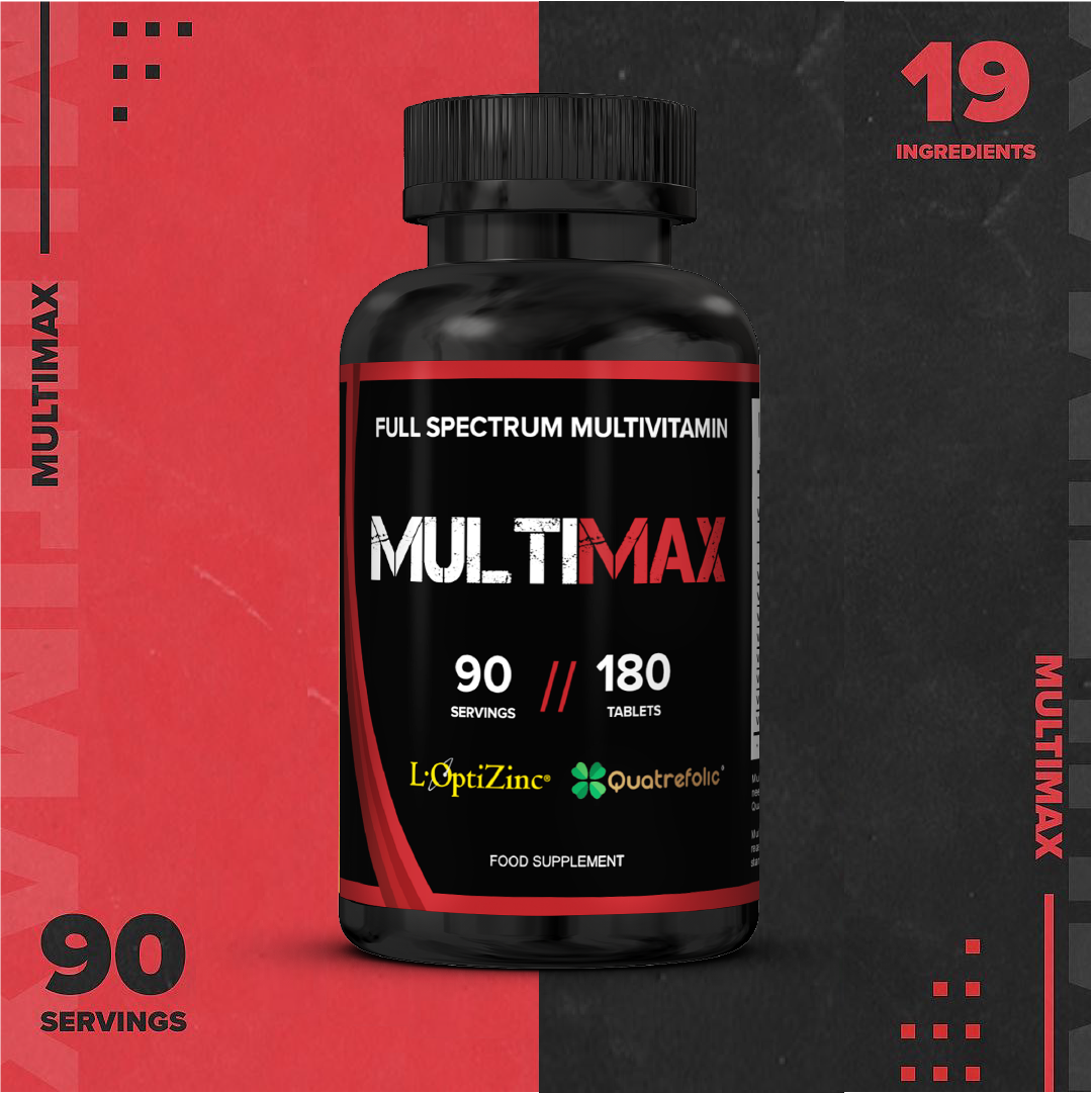 Multivitamin supplement bottle with 'Multimax' branding on a red and black background | Strom Sports Supplements NZ