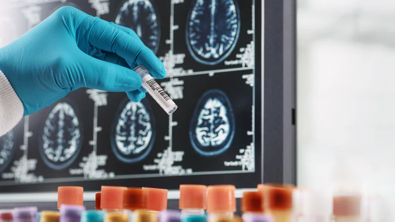 Hand holding a vial in front of brain scan images on a screen | Strom Sports Supplements NZ